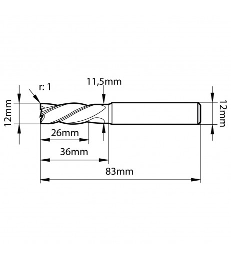 12mm 4πτερο Κονδύλι καρβιδίου με ράδιο 1mm TJR 320120100