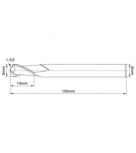 8mm Ball nose κονδύλι καρβίδιου με επικάλυψη ALTiSiN - Μακρύ TJR 620080000