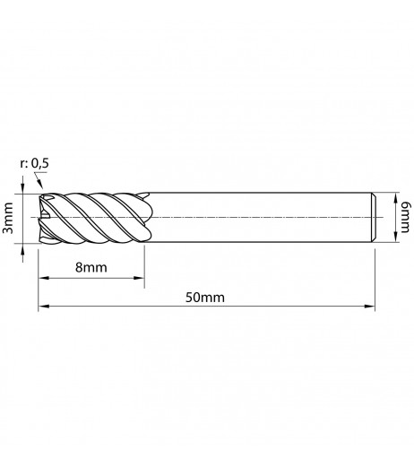 3mm Carbide mill (6-fluted) with 0,5mm corner radius and R-PRO coating TJR 66150308R05